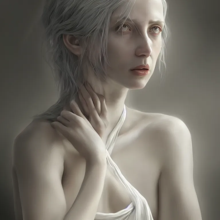 Prompt: a wonderful realistic portrait of a lonely woman with a detailed wonderful symmetrical face who is dressed with a wonderful, majestic, large semi transparent white cotton dress ornate accent white lighting, dramatic light, octane render by roberto ferri, fantasy art, photo realistic, dynamic lighting, unreal engine rendered, artstation, poster, dramatic light, - 8 k, award winning