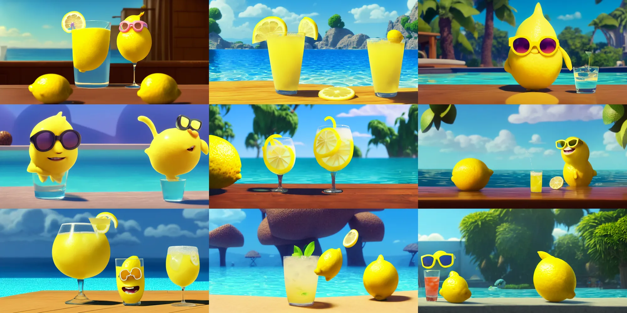 Prompt: a wholesome animation key shot of lemon swimming in a glass of lemonade, wearing sunglasses, medium shot, waist up, pixar and disney animation, sharp, rendered in unreal engine 5, anime key art by greg rutkowski, bloom, dramatic lighting