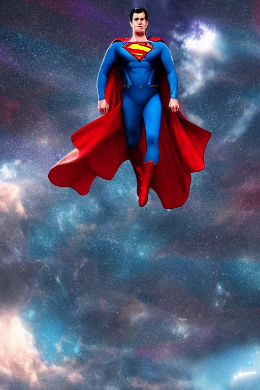 Image similar to superman letting go of reality and experiencing the quantum feild, matte painting comic book art, cinematic, highly detailed, realistic, beautiful cosmic neural network, octane render, unreal engine, depth of field, trending on artstation, sharp focus, philosophical splashes of colors