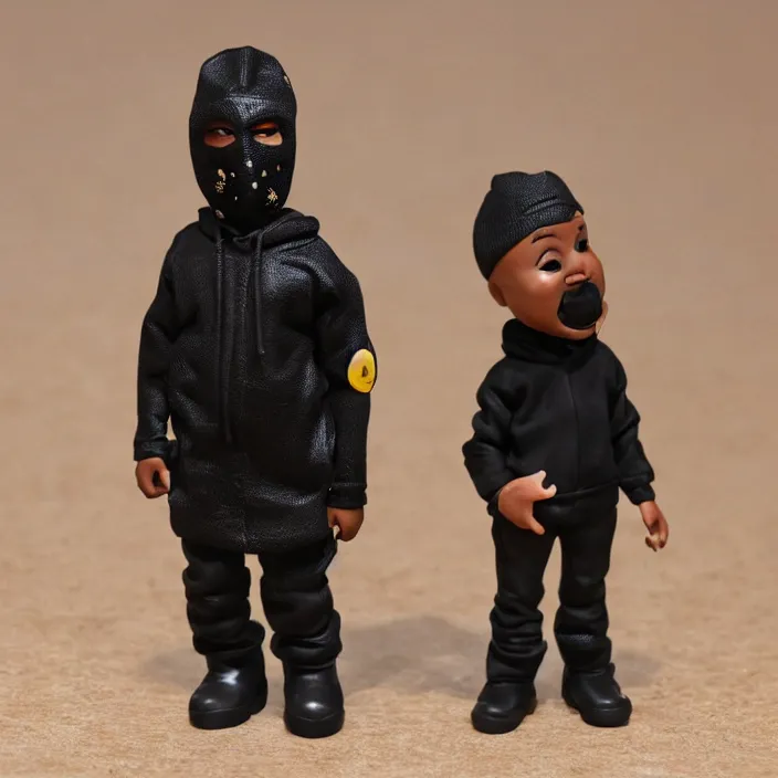 Image similar to kanye west using a black mask with small holes, a black shirt, a black undersize hoodie and black rubber boots, a mcdonald's happy meal toy figure of kanye west using a black mask with small holes, a black shirt, a black undersize hoodie and black rubber boots, figurine, detailed product photo