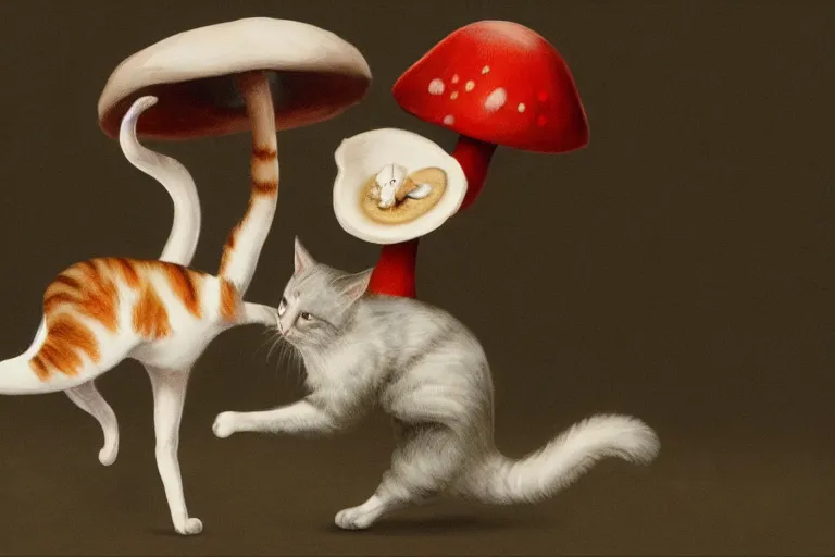 Image similar to a high detail paint of Two cats dancing with a mushroom, in simple background, concept art, mad painting