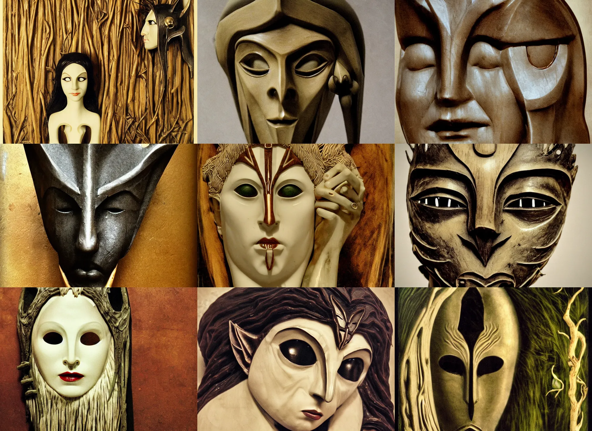 Image similar to dark fantasy atmosphere, simple elven mask, lord of the rings, hi tech, nano technology, industry, movie poster from 1960s, propaganda poster, wood clay marble ivory crow head eyes bamboo, jewerly, low poly, brutal modern sculpure, gustav klimt