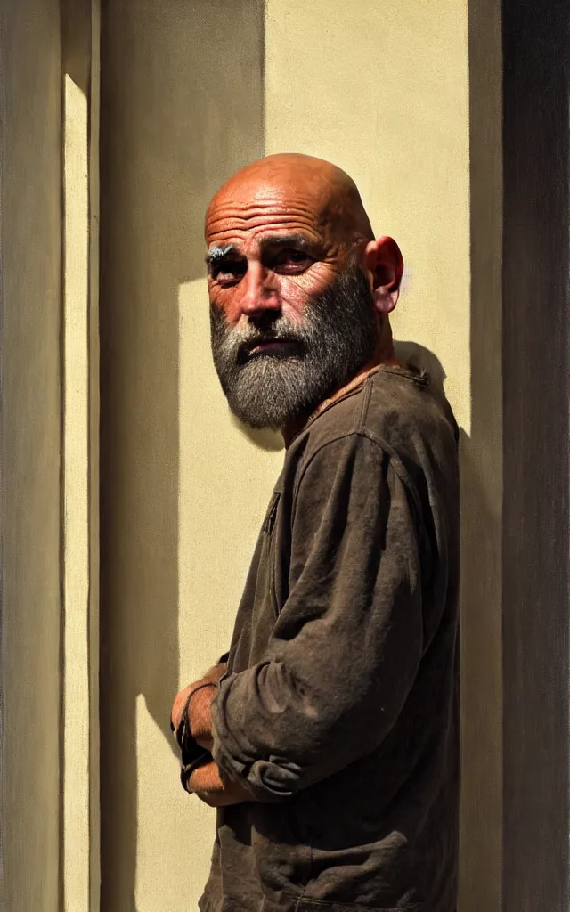 Prompt: realist painted portrait of a rugged bald middle aged man with greying beard and tanned skin standing in a darkened doorway, strong brushwork, natural lighting, warm earth tones