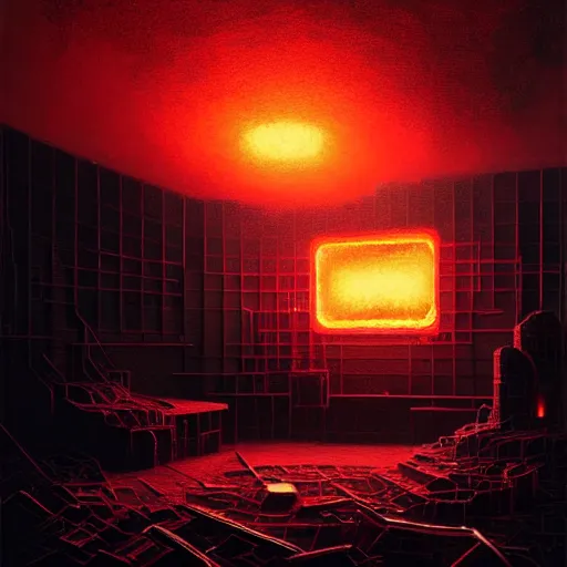 Image similar to professional ominous concept art architecture of a black room with burning embers by artgerm and greg rutkowski. an intricate, elegant, highly detailed digital painting, concept art, smooth, sharp focus, illustration, in the style of simon stalenhag, wayne barlowe, and igor kieryluk. ( low camera angle )