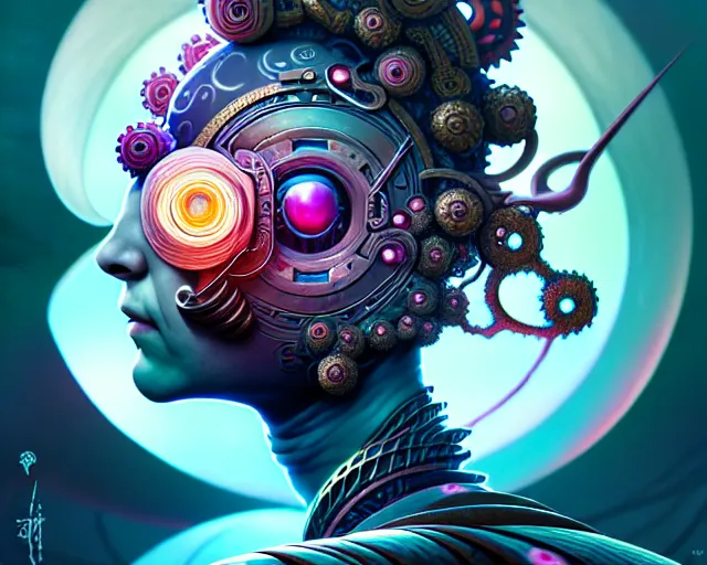 Image similar to a headshot of a ninja offset in the frame, surrounded by fractals, mandalas, cherry blossoms, hadron collider technology, metal gears, swirling bioluminescent energy, art by peter mohrbacher and dan mumford, 8 k octane render, hyperrealistic, zbrush, cinema 4 d