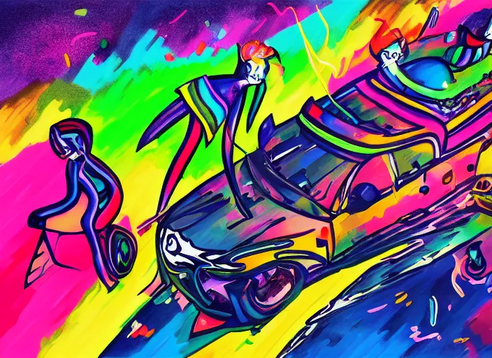 Image similar to a squad riding to party inside car, 5 people, water splashes, pop art, party lightning, evening, kandinsky, trending on art station, prolongated lines, neon tails, photorealistic style