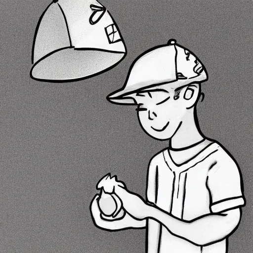 Prompt: a street artist cartoon sketch black and white chalk sketch of a boy wearing a baseball cap holding an ice cream cone