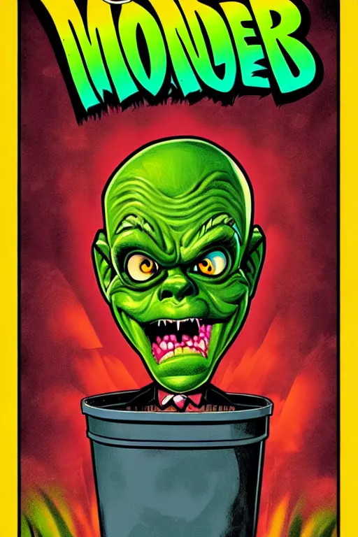 Prompt: vintage goosebumps cover art style illustration of a monster coming out of a garbage can.