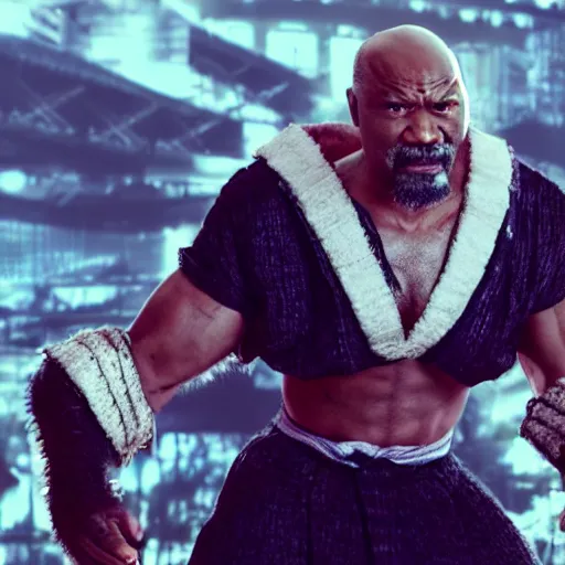 Prompt: a film still of a black man starring in a japanese blockbuster film as heihachi from tekken, shallow depth of field, cinematic, award winning cgi, vfx, film still