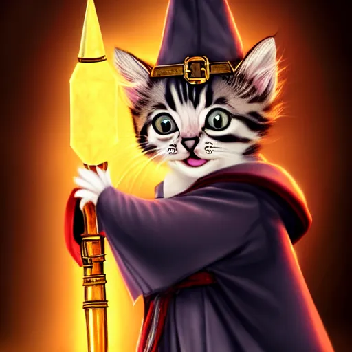 Image similar to a kitten wearing wizard robes and wizard hat, dungeons and dragons character art, dark, magic, key visual, posing, noble, full body portrait, high resolution, detailed, inspiring, award - winning, clear, crisp, sharp