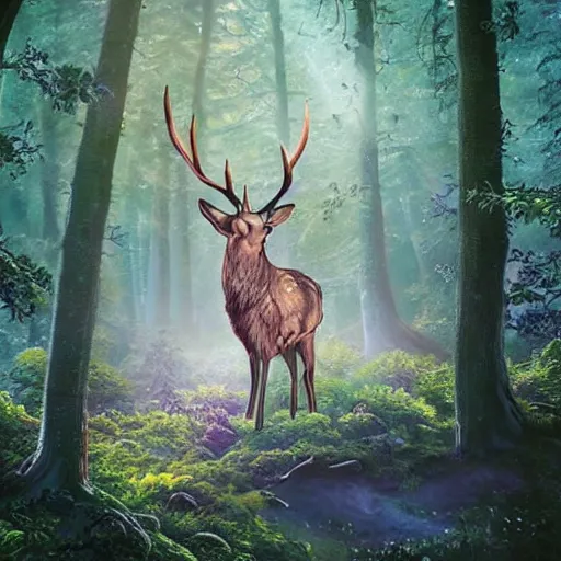 Image similar to photo of an hyper realistic arcanic, celestial highly detailed stag, in a magical highly detailed forest background. sunlight rays throught the trees.