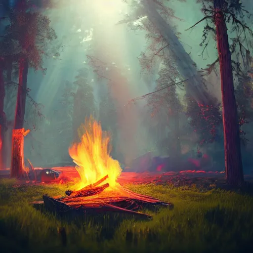 Image similar to a campfire in a surreal world, 8k resolution concept art hyperdetailed trending on Artstation Unreal Engine ominous photorealistic sunshine rays colourful beautiful bokeh ambient occlusion, dynamic lighting, stunning visuals, creative, concept art, trending on art station, ultra detailed