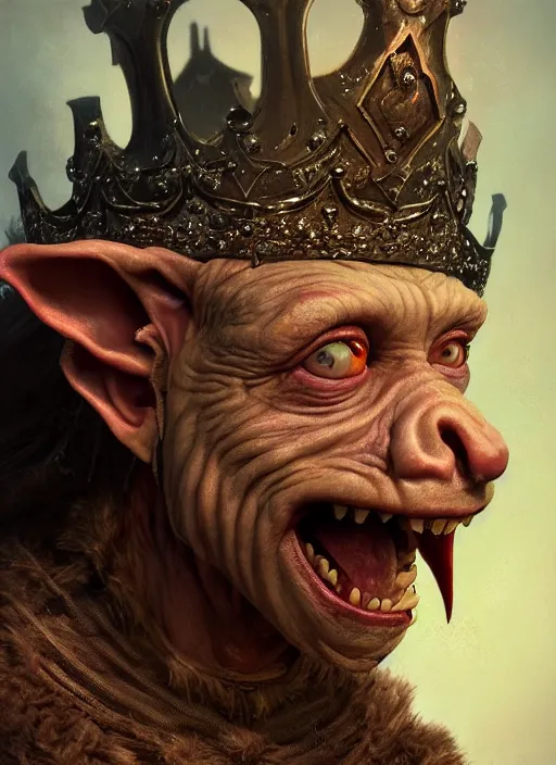 Prompt: highly detailed closeup portrait of a medieval goblin wearing a crown, stephen bliss, unreal engine, greg rutkowski, ilya kuvshinov, ross draws, hyung tae and frank frazetta, tom bagshaw, tom whalen, nicoletta ceccoli, mark ryden, earl norem, global illumination, god rays, detailed and intricate environment