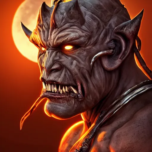 Image similar to a muscle bound orc warrior, photo, professionally retouched, dramatic lighting, wearing bone armor, illuminated by moonlight, realistic, scared face, demonic, predator eyes, wide angle, sharp focus on eyes, 8 k high definition, insanely detailed, intricate, elegant, art by artgerm and wlop