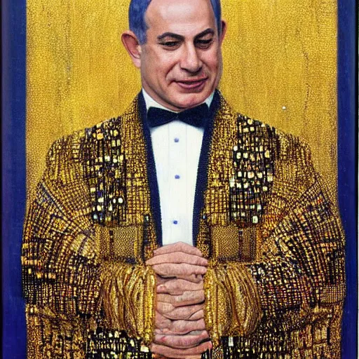 Image similar to a portrait of benjamin netanyahu wearing gold garbs and jewels, by gustave klimt