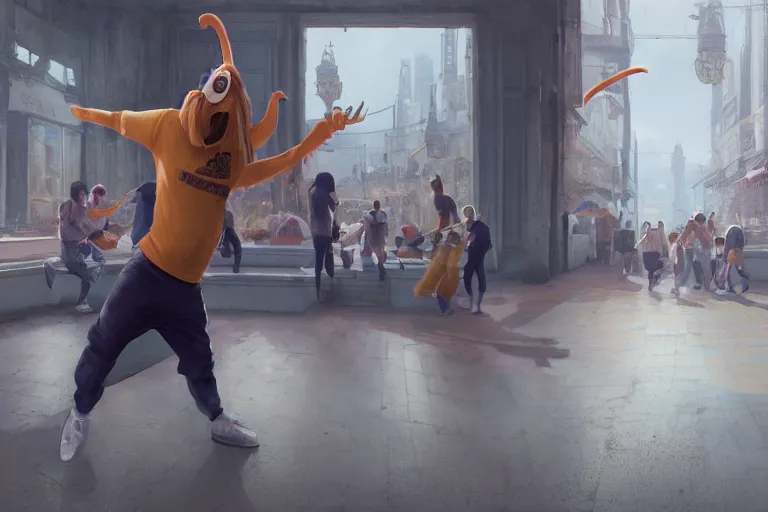 Image similar to a churro is dancing to Jamiroquay wearing sweat pants, 3d scene, render, ultra realistic, zenith view, Greg Rutkowski, artstation, cgsociety, level design, unreal engine, 3d scene, render, ultra realistic, zenith view, Enki Bilal style