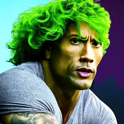 Prompt: dwayne johnson flexing with a curly bright green wig