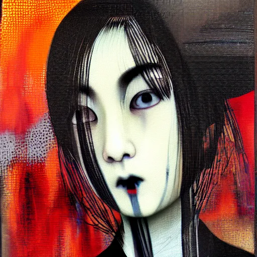 Image similar to yoshitaka amano blurred and dreamy minimalistic oil portrait of a young woman with black lipstick and black eyes wearing dress suit with tie, junji ito abstract patterns in the background, satoshi kon anime, noisy film grain effect, highly detailed, renaissance oil painting, wide brush strokes, weird portrait angle, blurred lost edges