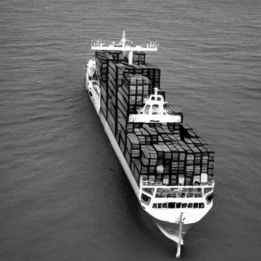 Prompt: cargo ship, foreshortening photography, foreshortened photography, grainy photo, old photo