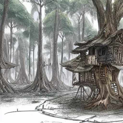 Image similar to concept art painting of treehouses made out of trees and roots, trees with doors and windows in a deep forest, realistic, detailed, cel shaded, in the style of makoto shinkai and greg rutkowski and james gurney