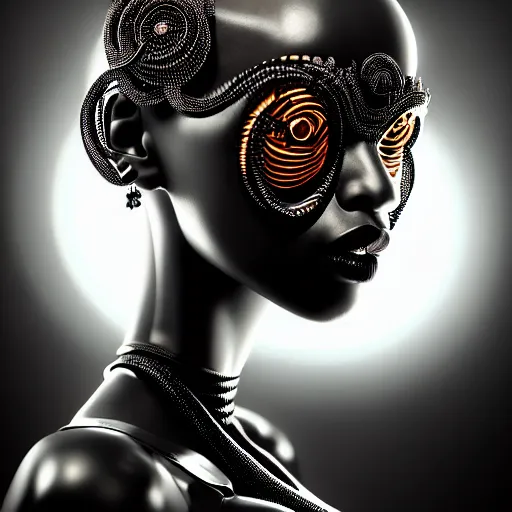 Image similar to portrait of an absurdly beautiful, graceful, sophisticated, fashionable black cyberpunk mechanoid gravure idol, hyperdetailed illustration by irakli nadar, maria borges, matt wisniewski style, intricate linework, dark black skin, neon jellyfish headdress, ivory carved ruff, unreal engine 5 highly rendered, global illumination, radiant light, detailed and intricate environment