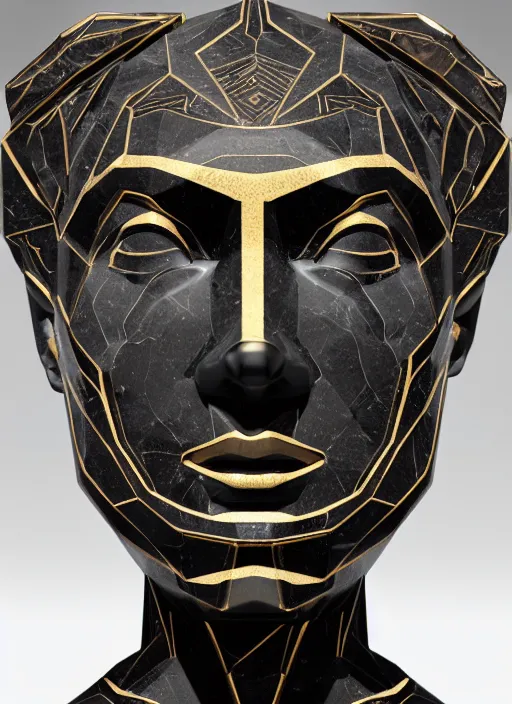 Prompt: stylized onyx black gold lines ornate statue full body made of marble of judas, perfect symmetrical body, perfect symmetrical face, hyper realistic, hyper detailed, by johannen voss, by michelangelo, octane render, blender, 8 k, displayed in bright studio room art deco