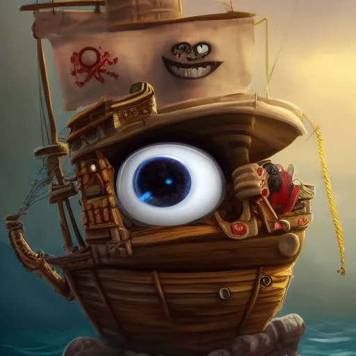 Prompt: A rock with googly eyes is wearing a pirate's outfit, it is the captain of a crew, it's on their pirate ship, the ship is sailing the wide open seas, the rock is hunting for treasure , hyperdetailed, artstation, cgsociety, 8k