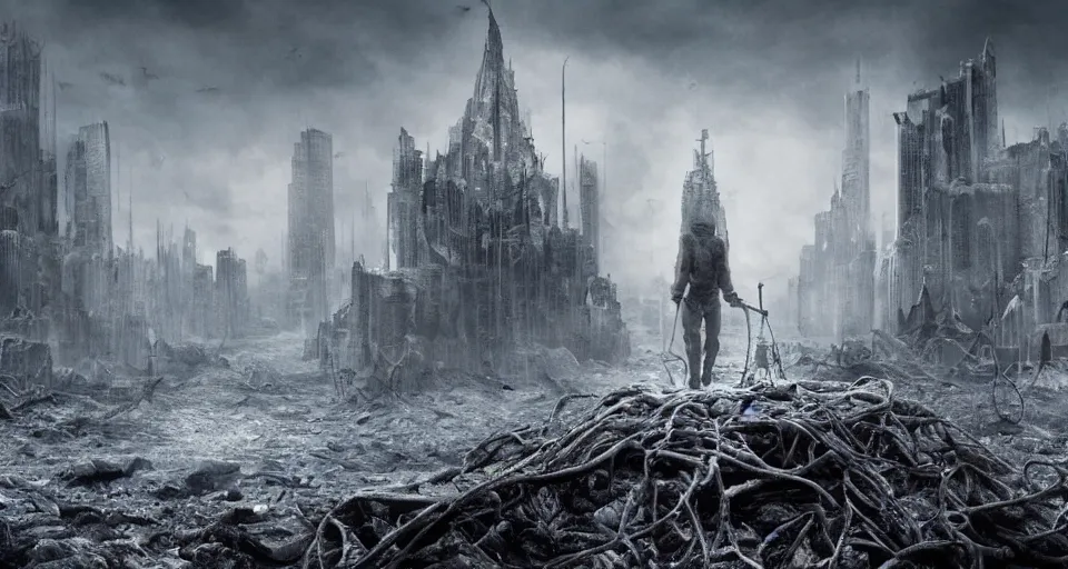 Image similar to a huge city walking on 8 spider legs through a post apocalyptic tundra, fantasy, cinematic