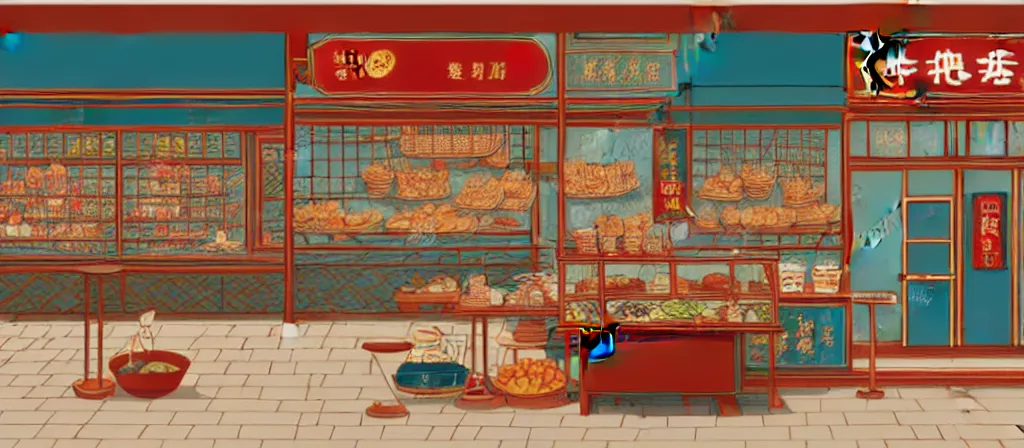 Image similar to a beautiful simple 4 k hd illustration of interior view display of the corner of street side roasted string hotpot small shop, simple style, from china, with merchant logo, simple structure, surrealistic, chinese style, victo ngai, james jean, denoise, deblurring
