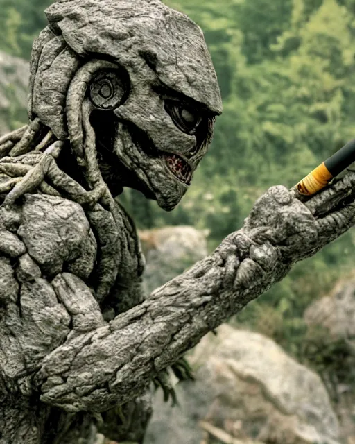 Image similar to cinematic, 4 k, full body portrait, rock golem as a soldier, on break smoking a cigarette, still from the movie predator
