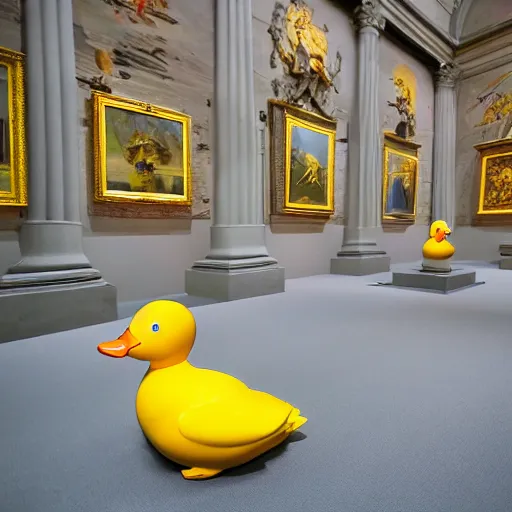 Image similar to 1 8 mm f / 8 wide shot, one! photorealistic rubber duck in foreground on a pedestal in an cavernous museum gallery, metropolitan museum of art, the walls are covered with colorful geometric wall paintings in the style of sol lewitt, tall arched stone doorways, through the doorways are more wall paintings in the style of sol lewitt.