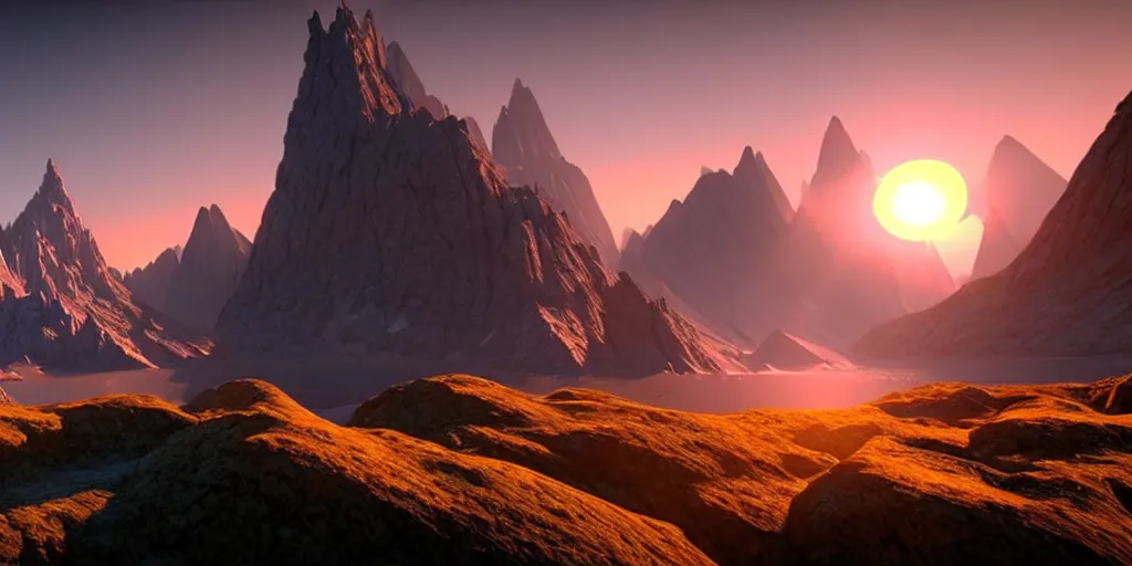 Prompt: a beautiful landscape, sun rises between two mountains, fantasy artwork by john stephans unreal engine 5, extremely detailed, hyper realism