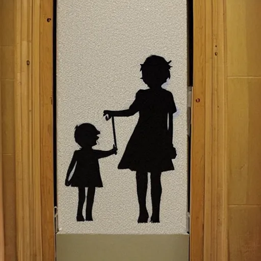 Image similar to creative restroom door signs in the style of banksy, slightly grainy