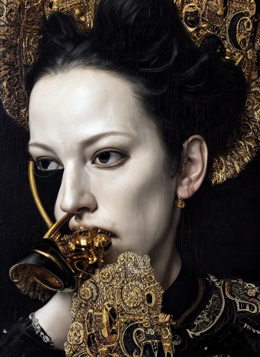 Image similar to highly detailed oil painting | very intricate | cinematic lighting | black and white, black background | the trumpet mask by alexander mcqueen | by roberto ferri, by leng jun, by j. c. leyendecker and klimt, american romanticism, by austin osman spare, artstation, cgsociety, official art, octane