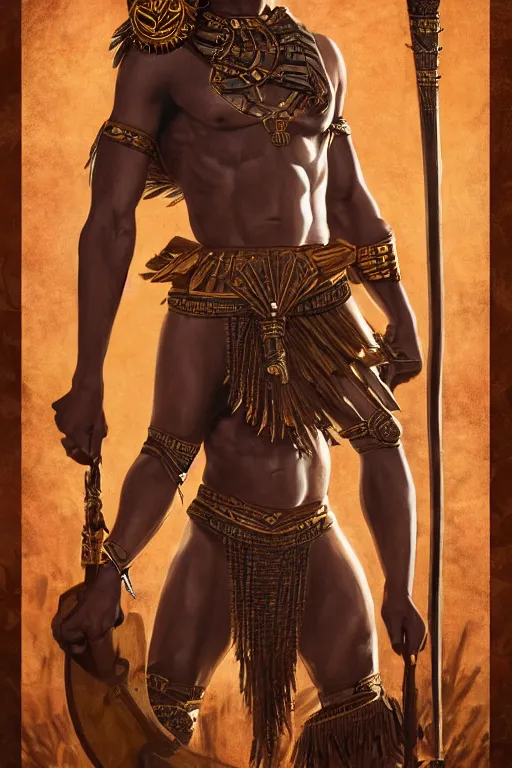 Image similar to ogun with a great spear, African warrior deity with tribal marking and golden armor, orisha God hunters and craftsmen, strong masculine features, menacing cinematic mid portrait, digital illustration, octane render trending on arstation by artgerm, raphaelite and mucha