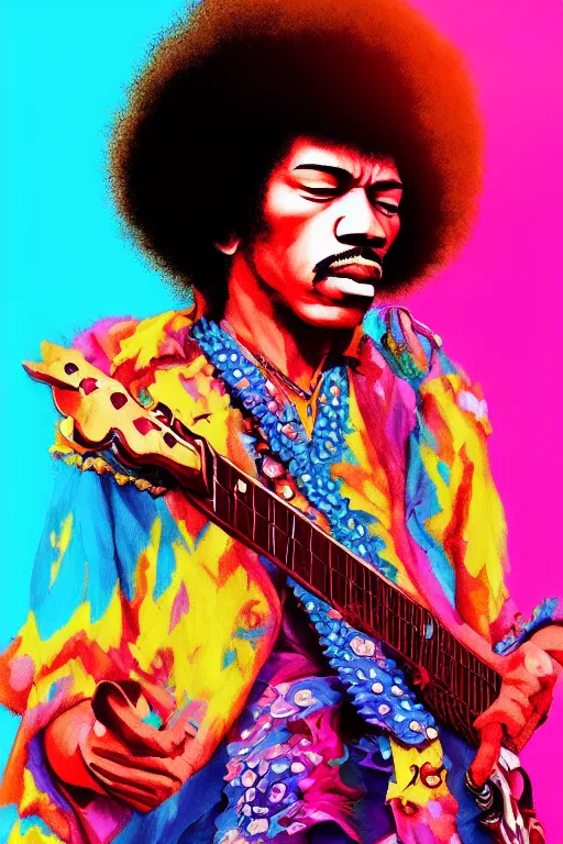 Image similar to jimi hendrix, photorealistic face 4 k digital paint by studio ghibli hayao miyazaki. vivid colours, vaporwave lighting style, very sharp and detailed. trending on artstation and behance.