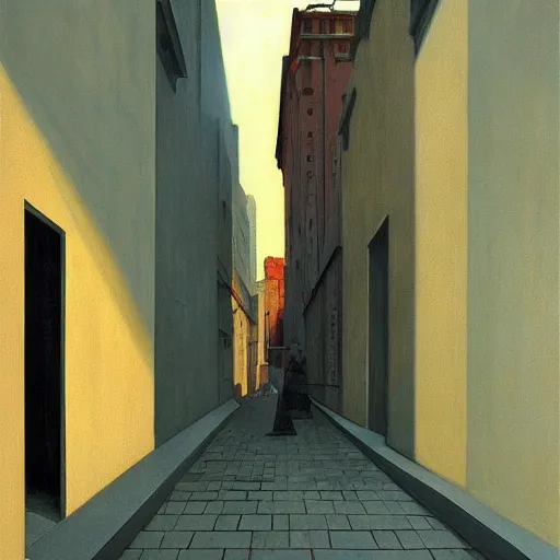 Image similar to city alley by Edward Hopper and James Gilleard, Zdzislaw Beksinski, highly detailed