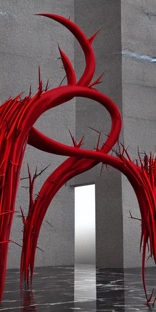 Image similar to 3 d render of a red torii gate sculpture, chrometype, made of liquid metal and marble, neotribal with thorns, japanese temple, raytraced, volumetric lightning, 8 k, by zhelong xu, ouchh and and innate studio