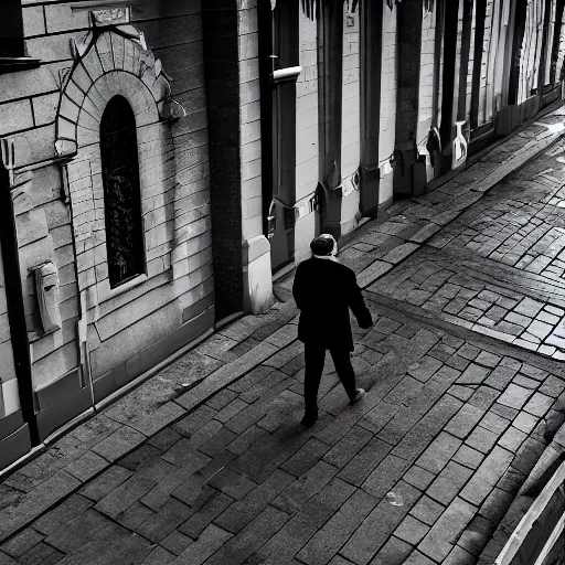 Image similar to A high angle dramatic portrait of a man wearing red coat , walking in a black and white street . Cinematic lighting