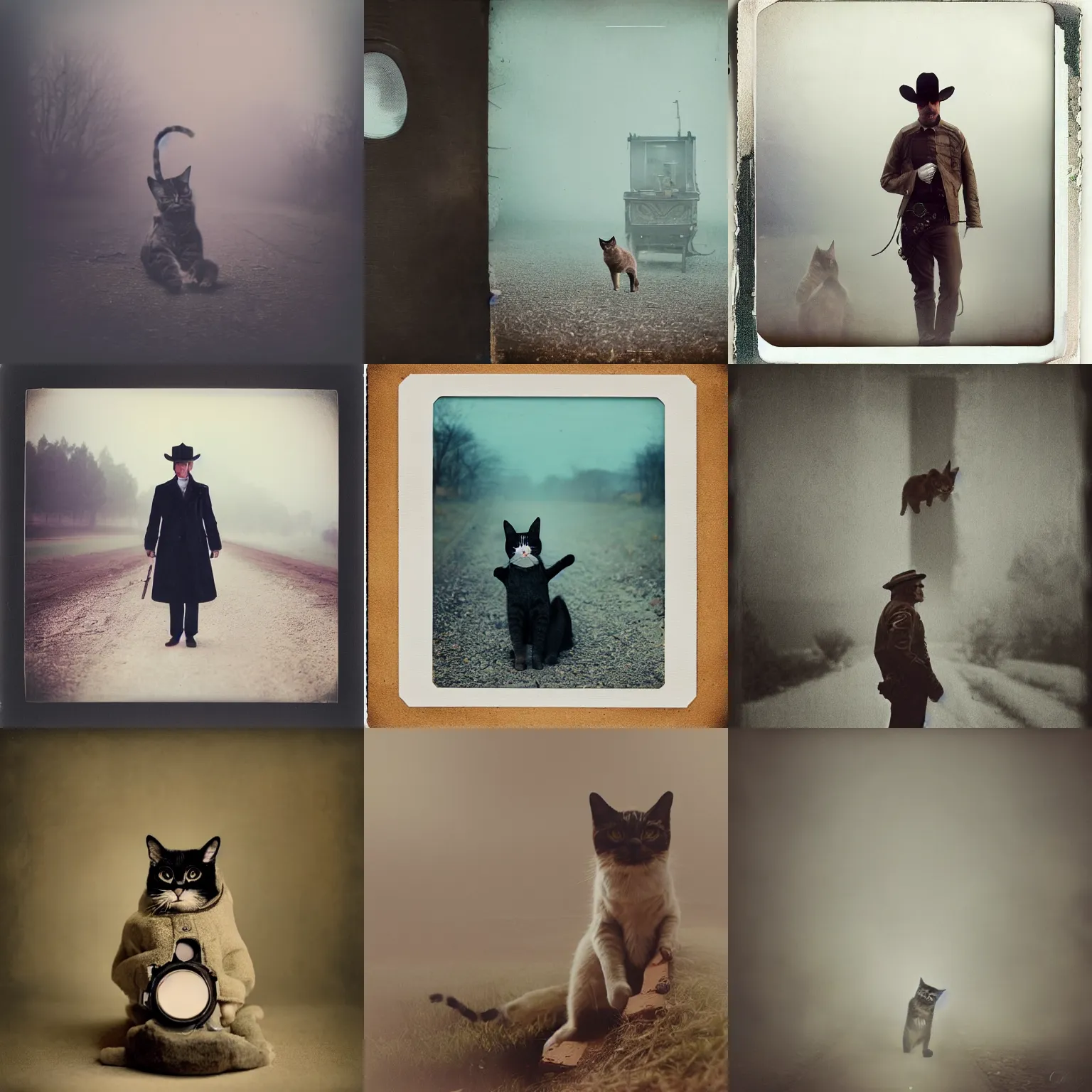 Prompt: cop cat ,on wild west , full body , Cinematic focus, Polaroid photo, vintage , neutral dull colors, soft lights, foggy mist , by oleg oprisco , by thomas peschak, by discovery channel, by victor enrich , by gregory crewdson