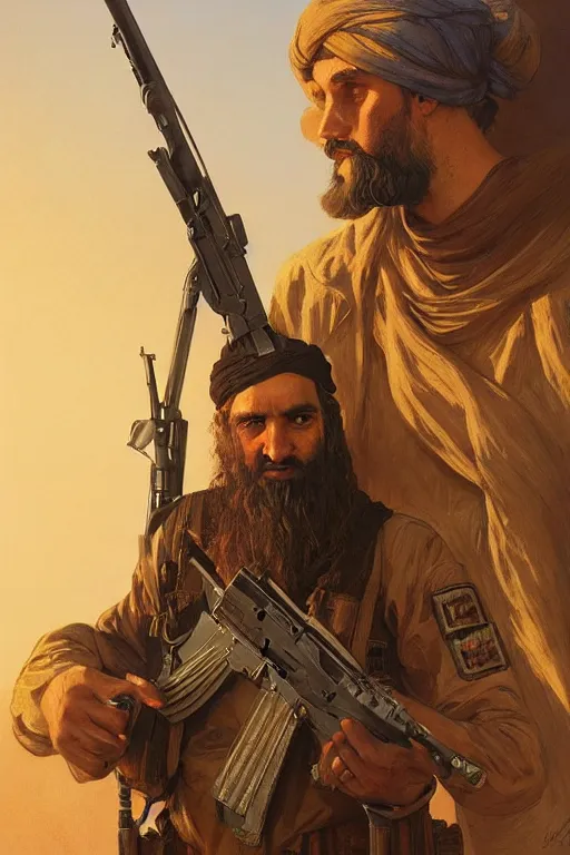 Prompt: male cottagecore taliban leader holding a kalashnikov rifle, urban warfare background, golden hour, intricate, elegant. highly detailed, digital painting, artstation, concept art, smooth, sharp, focus, illustration.. art by artgerm and greg rutkowski and alphonse mucha