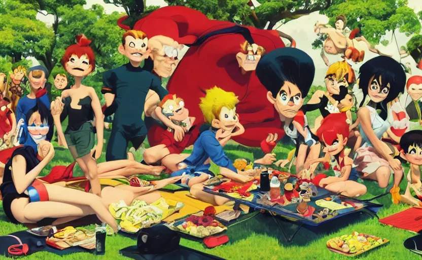 Image similar to a crash dummy flops onto a family picnic, digital painting masterpiece, advanced lighting technology, stylized yet realistic anatomy and faces, gorgeous, by reiq and jamie hewlett and bengus and akiman and shigenori soejima and bastien vives and balak and michael sanlaville, 4 k wallpaper