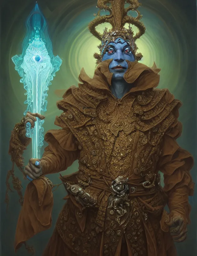 Image similar to front shot of a court jester character, hyperdimensional, bioluminescent hypercubes, ((intricate)), elegant, highly detailed, centered, (((artstation, concept art, smooth, sharp focus, artgerm, Tomasz Alen Kopera, Peter Mohrbacher, donato giancola, Joseph Christian Leyendecker, WLOP, Boris Vallejo))), mugshot!!!!!, ugly!!!!!!, octane render, nvidia raytracing demo, grainy, muted, 8K, digitalblasphemy