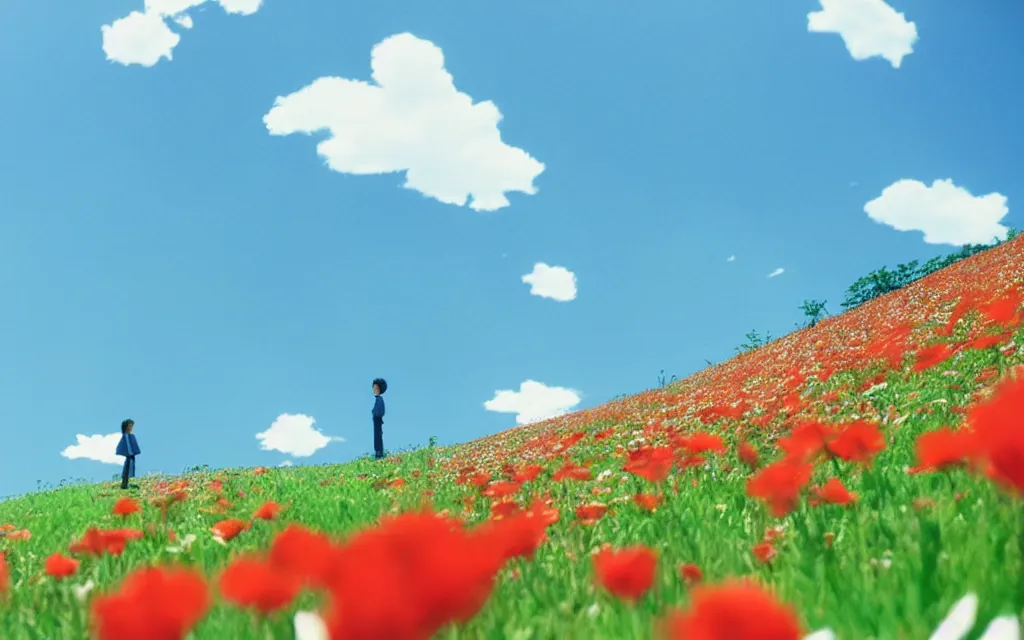 Image similar to a manchester united fan day dreaming on a field of flower, beautiful bright blue sky. 35mm film. makoto shinkai.