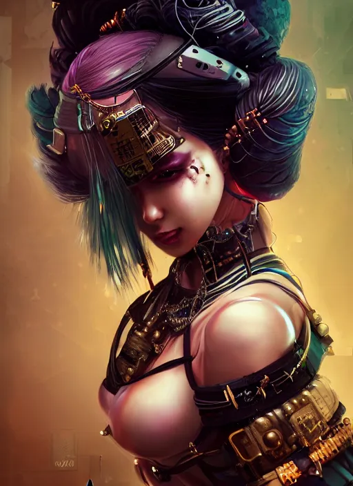 Image similar to soft lustrous ebony geisha seductive raver gutter punk steampunk cyborg, yakuza, golden ratio, details, scifi, fantasy, cyberpunk city, intricate, decadent, highly detailed, octane render, digital painting, artstation, concept art, sharp focus, illustration, art by artgerm, loish, wlop
