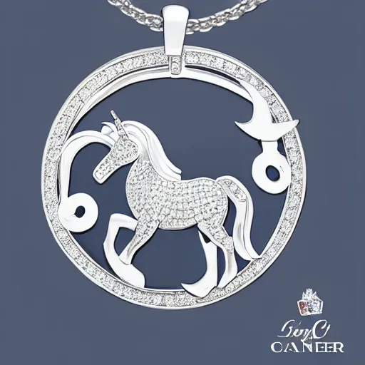 Image similar to a lovely silver cartoon unicorn necklace pendant, 3 d rendering, pandora style, tiffany style, swarovski style, van cleef & arpels style, cartier style, boucheron style, bulgari style, chaumet style, elegant, noble, stylish