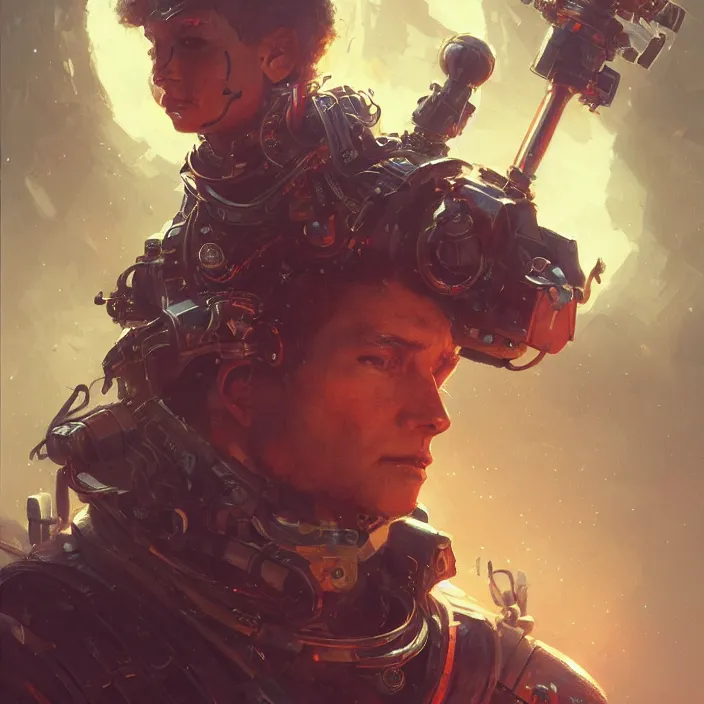 Prompt: a head and shoulders portrait of a space pirate, neon, retro, steampunk, smooth, sharp focus, intricate, artstation, detailed concept art by Greg Rutkowski and Norman Rockwell