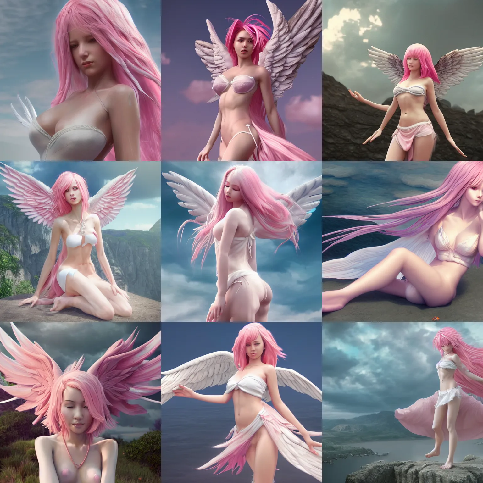 Prompt: stunning female angel in cloudy sky, pink hair, white wings, white sarong and sandals, detailed anatomy, by wlop, cg society contest winner, cinematic paint, unreal engine