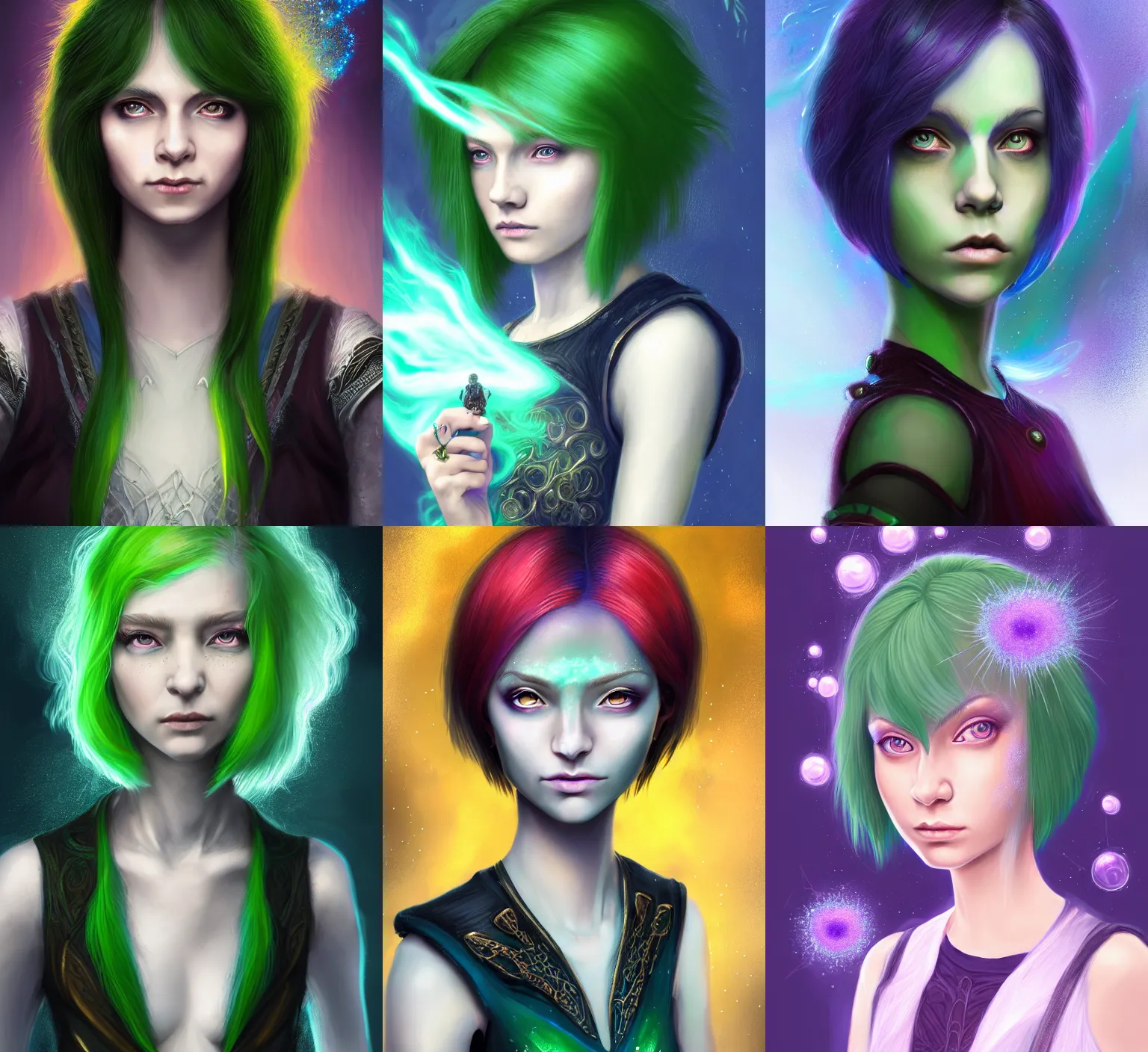 Prompt: Portrait of young female sorcerer, D&D fantasy, her hair is green and styled in a Bob Cut, magic particles fly from her hands, she has a distant expression, and is wearing a shirt and vest. A pixie with blonde hair floats above her shoulder. Intricate, highly detailed, digital painting, artstation, concept art, sharp focus, illustration, art by greg rutkowski and Ross Tran