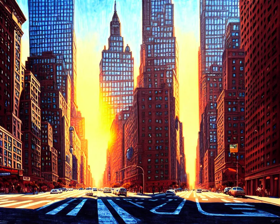 Image similar to new york in the future, city streets, golden hour, perspective artwork, photorealism